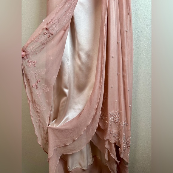 Scala Blush Pink Silk Lined Beaded Embroidered Floral Maxi Dress with Crop Shrug - Picture 6 of 16